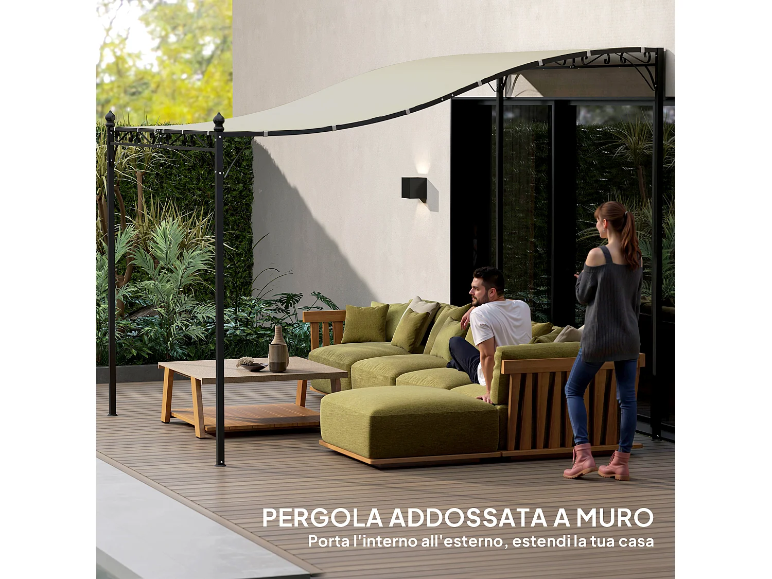 Pergola addossata ricurva in metallo e poliestere bianco crema
