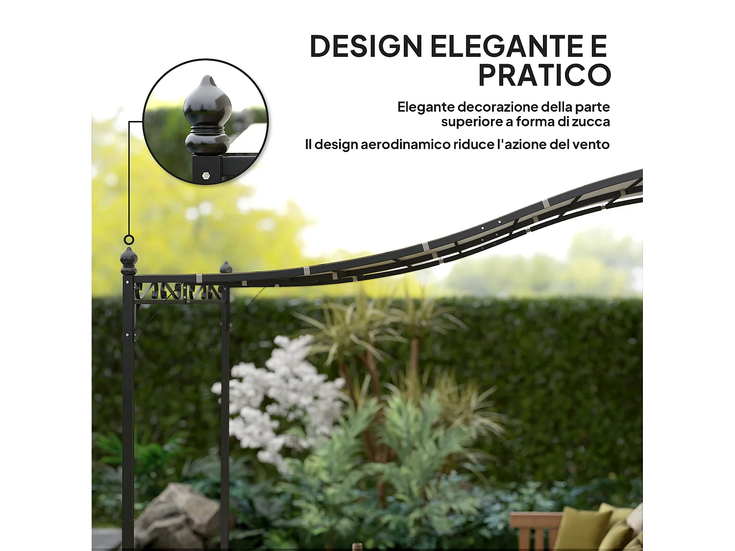 Pergola addossata ricurva in metallo e poliestere bianco crema