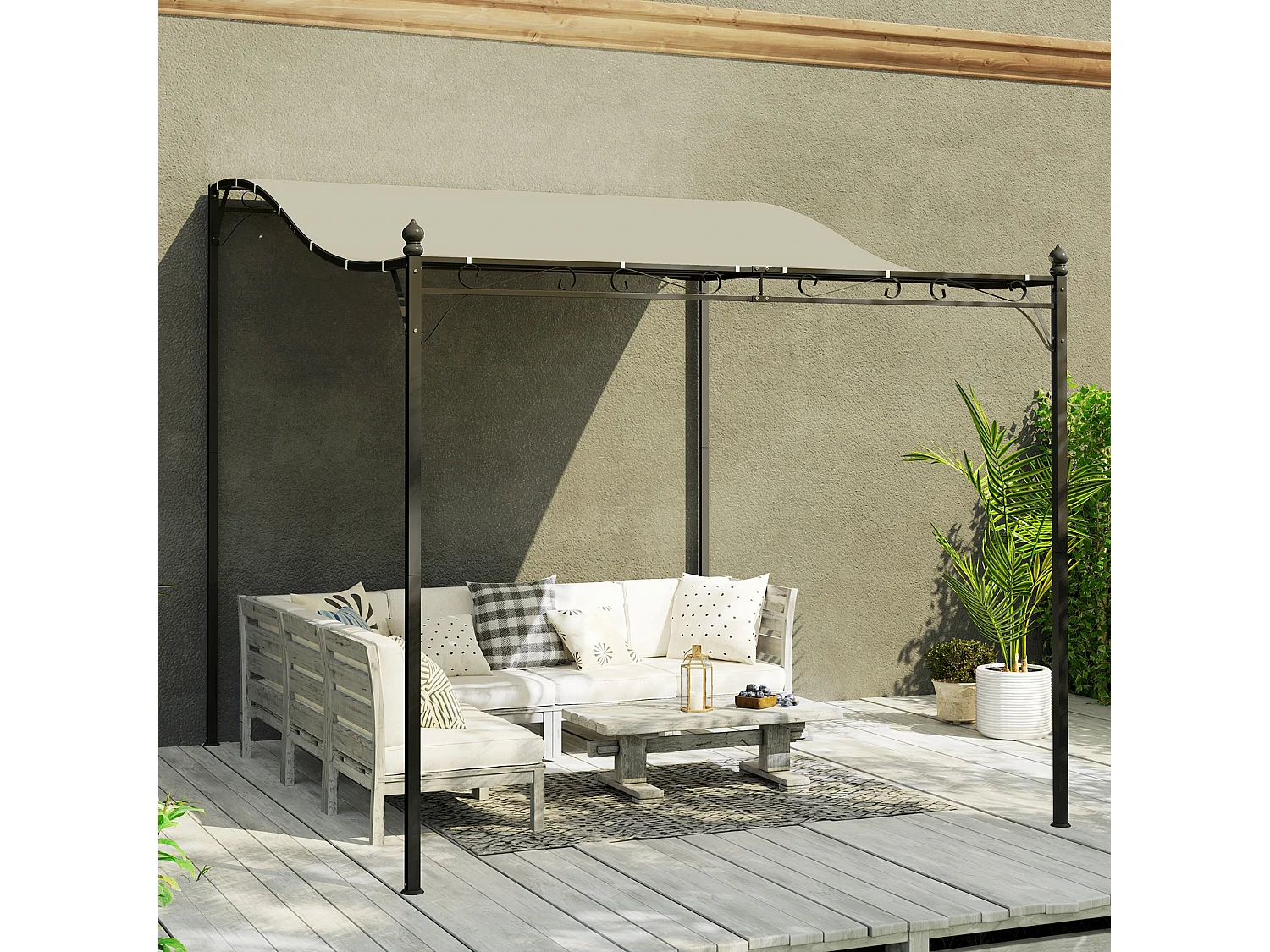 Pergola addossata ricurva in metallo e poliestere bianco crema