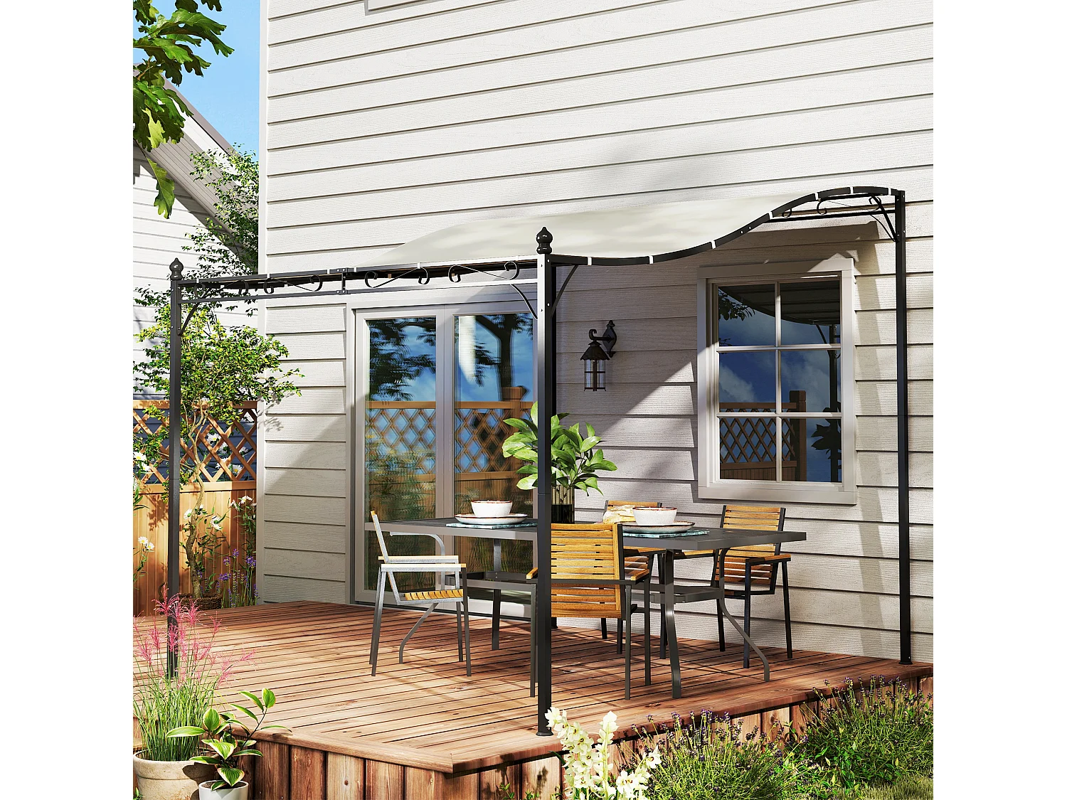 Pergola addossata ricurva in metallo e poliestere bianco crema