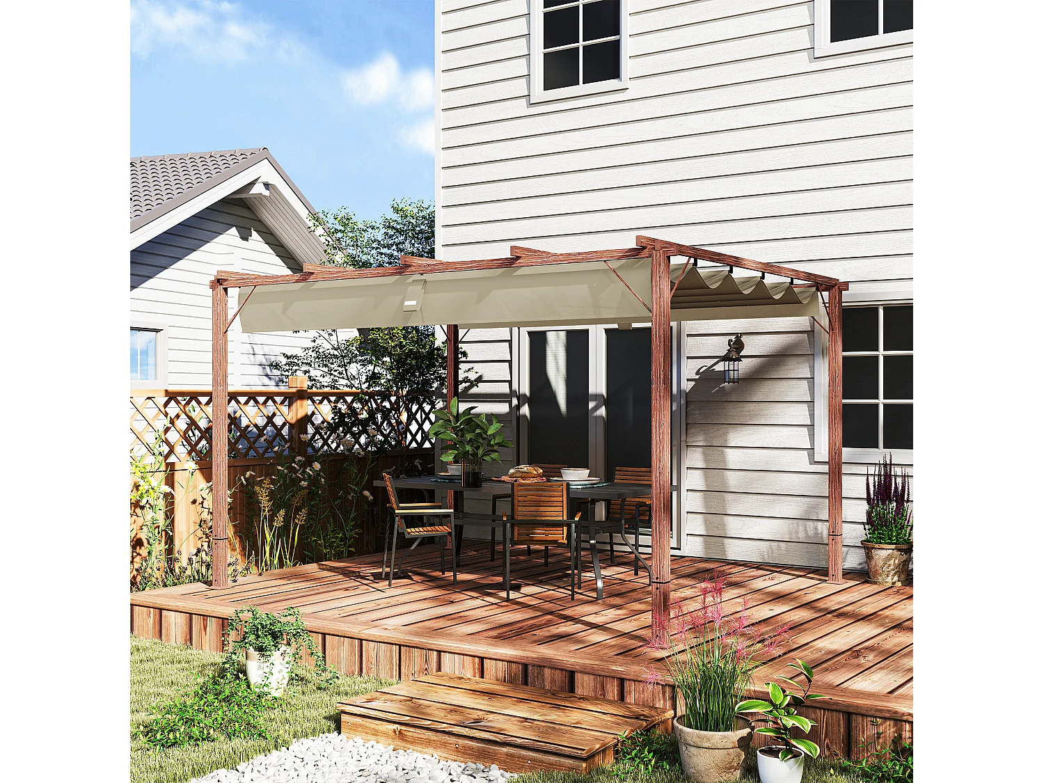 Gazebo pergola con tetto retrattile poliestere e alluminio color legno