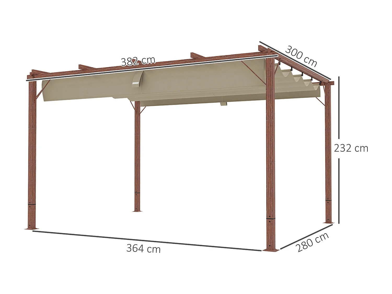 Gazebo pergola con tetto retrattile poliestere e alluminio color legno