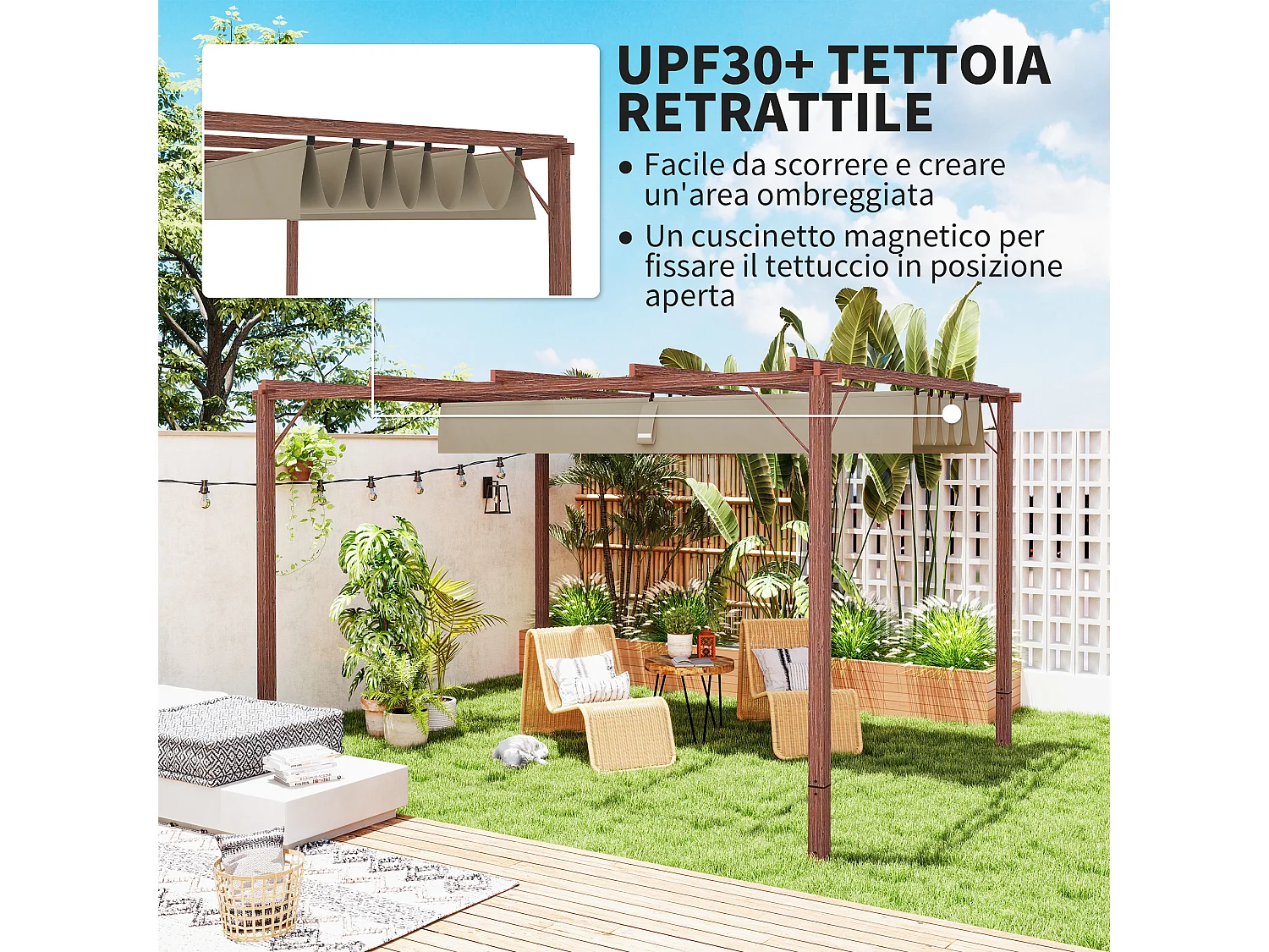 Gazebo pergola con tetto retrattile poliestere e alluminio color legno