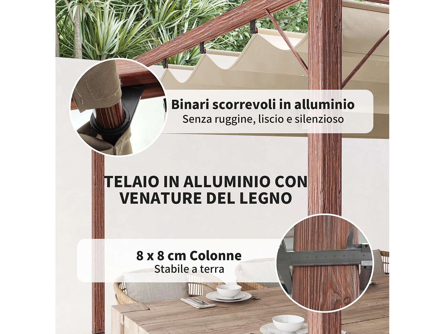 Gazebo pergola con tetto retrattile poliestere e alluminio color legno