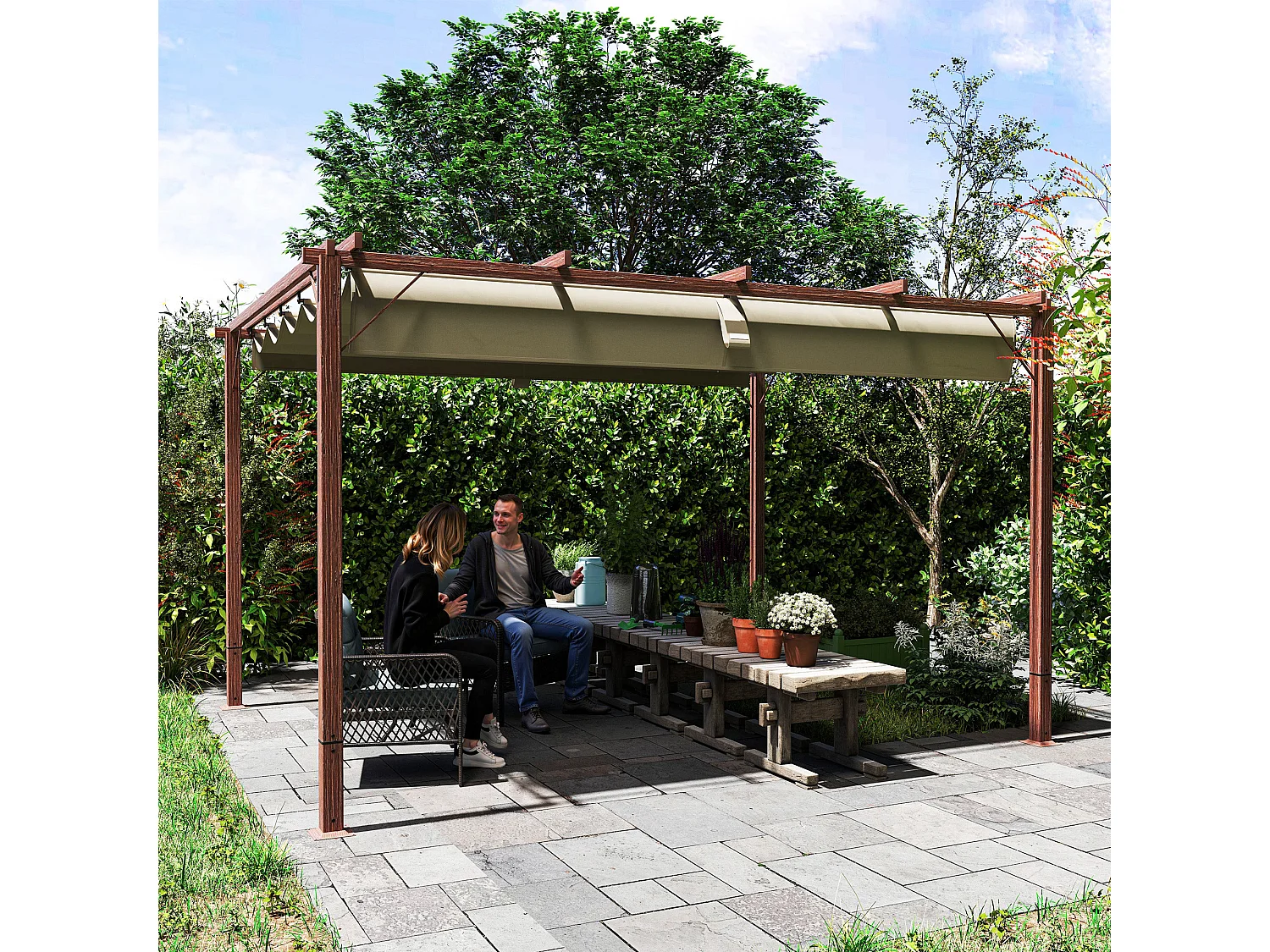 Gazebo pergola con tetto retrattile poliestere e alluminio color legno