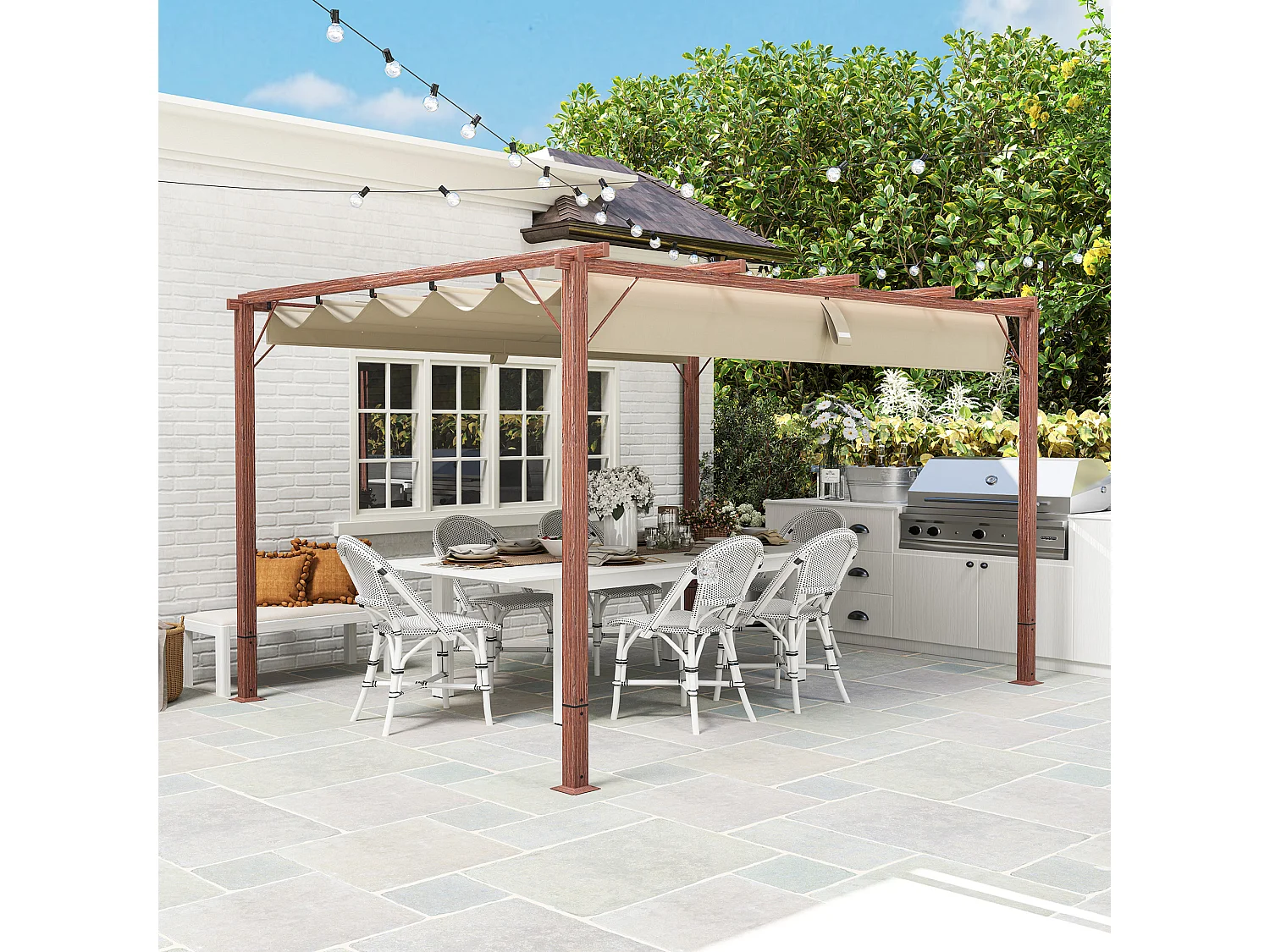 Gazebo pergola con tetto retrattile poliestere e alluminio color legno