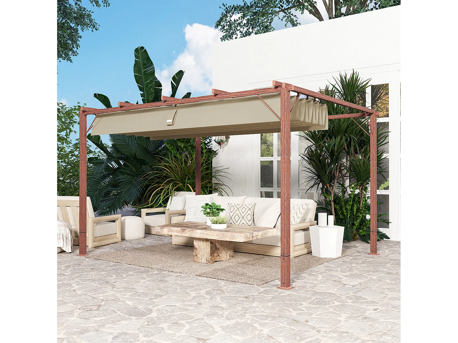 Gazebo pergola con tetto retrattile poliestere e alluminio color legno