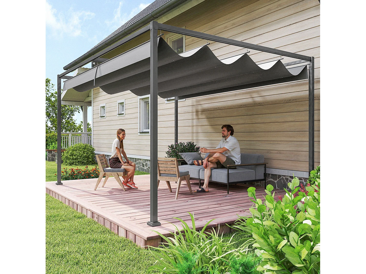 Pergola gazebo 4x3 m con tettuccio retrattile in metallo grigio scuro