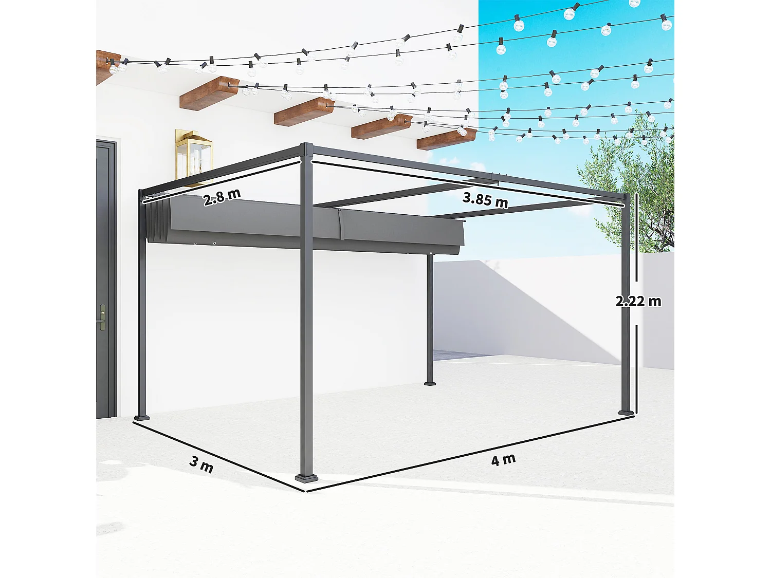 Pergola gazebo 4x3 m con tettuccio retrattile in metallo grigio scuro
