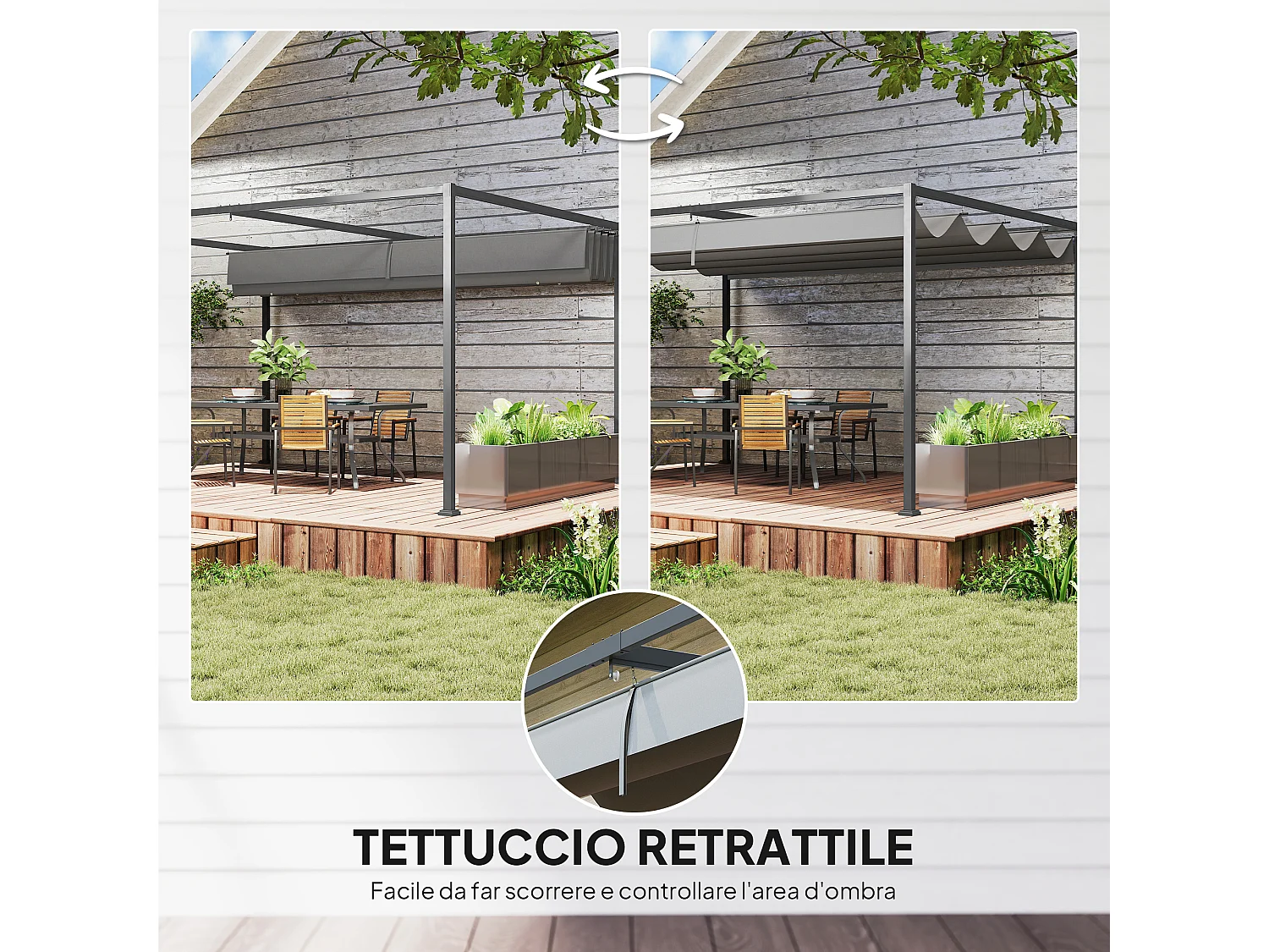 Pergola gazebo 4x3 m con tettuccio retrattile in metallo grigio scuro