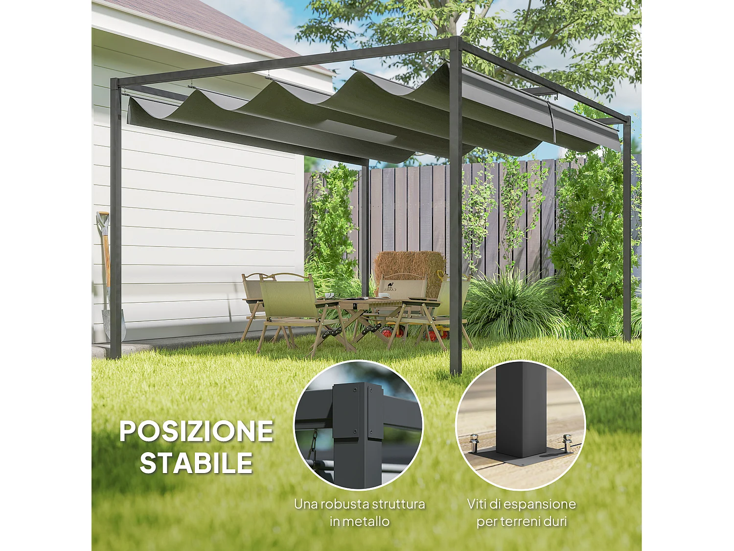 Pergola gazebo 4x3 m con tettuccio retrattile in metallo grigio scuro