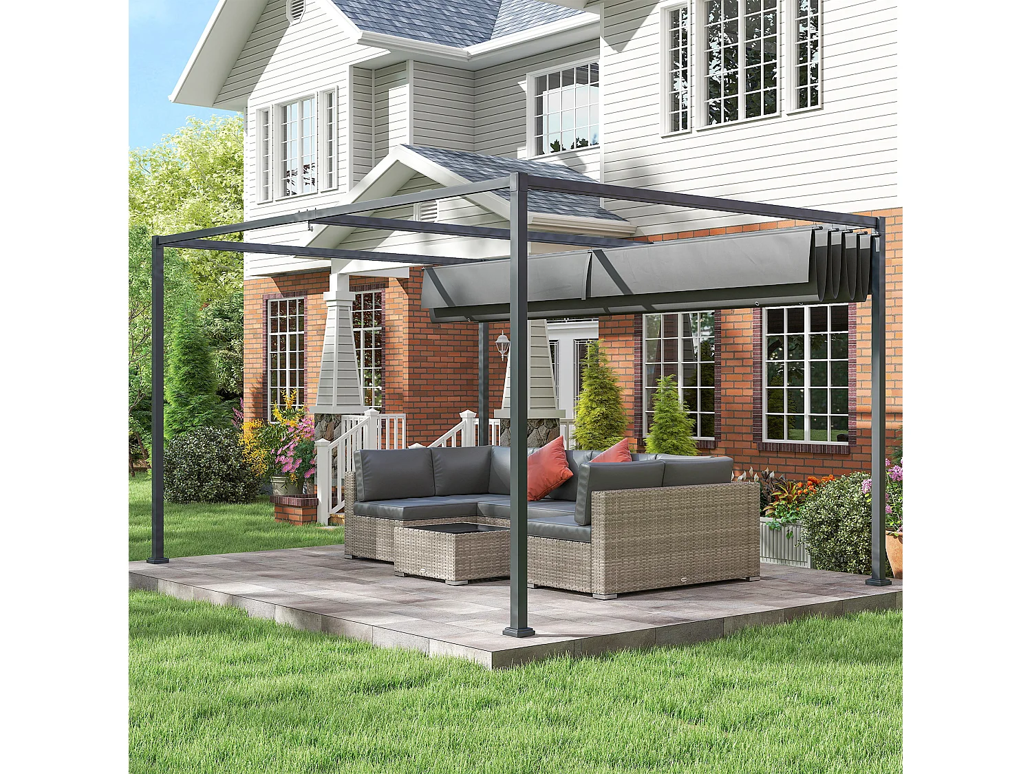 Pergola gazebo 4x3 m con tettuccio retrattile in metallo grigio scuro