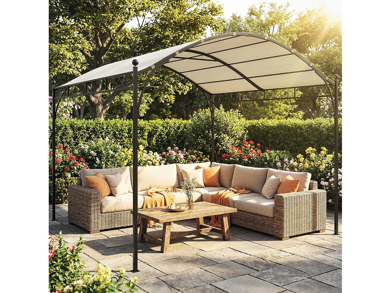 Pergola gazebo con tetto ad arco in metallo e poliestere crema