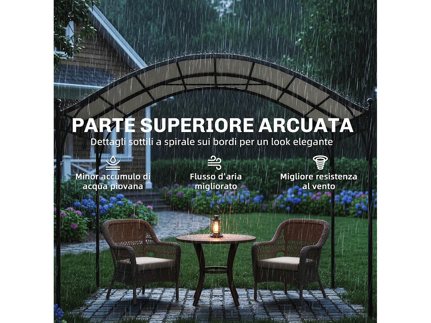 Pergola gazebo con tetto ad arco in metallo e poliestere crema