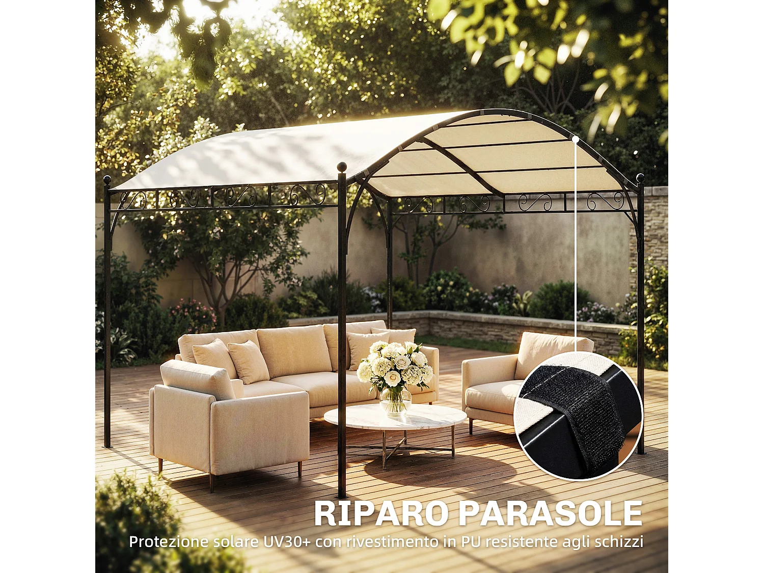 Pergola gazebo con tetto ad arco in metallo e poliestere crema