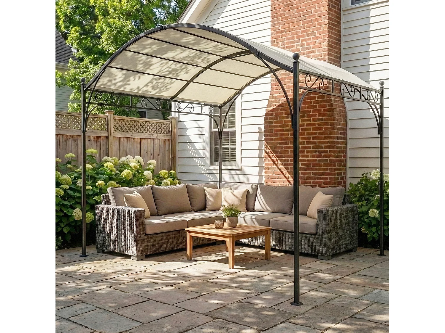 Pergola gazebo con tetto ad arco in metallo e poliestere crema