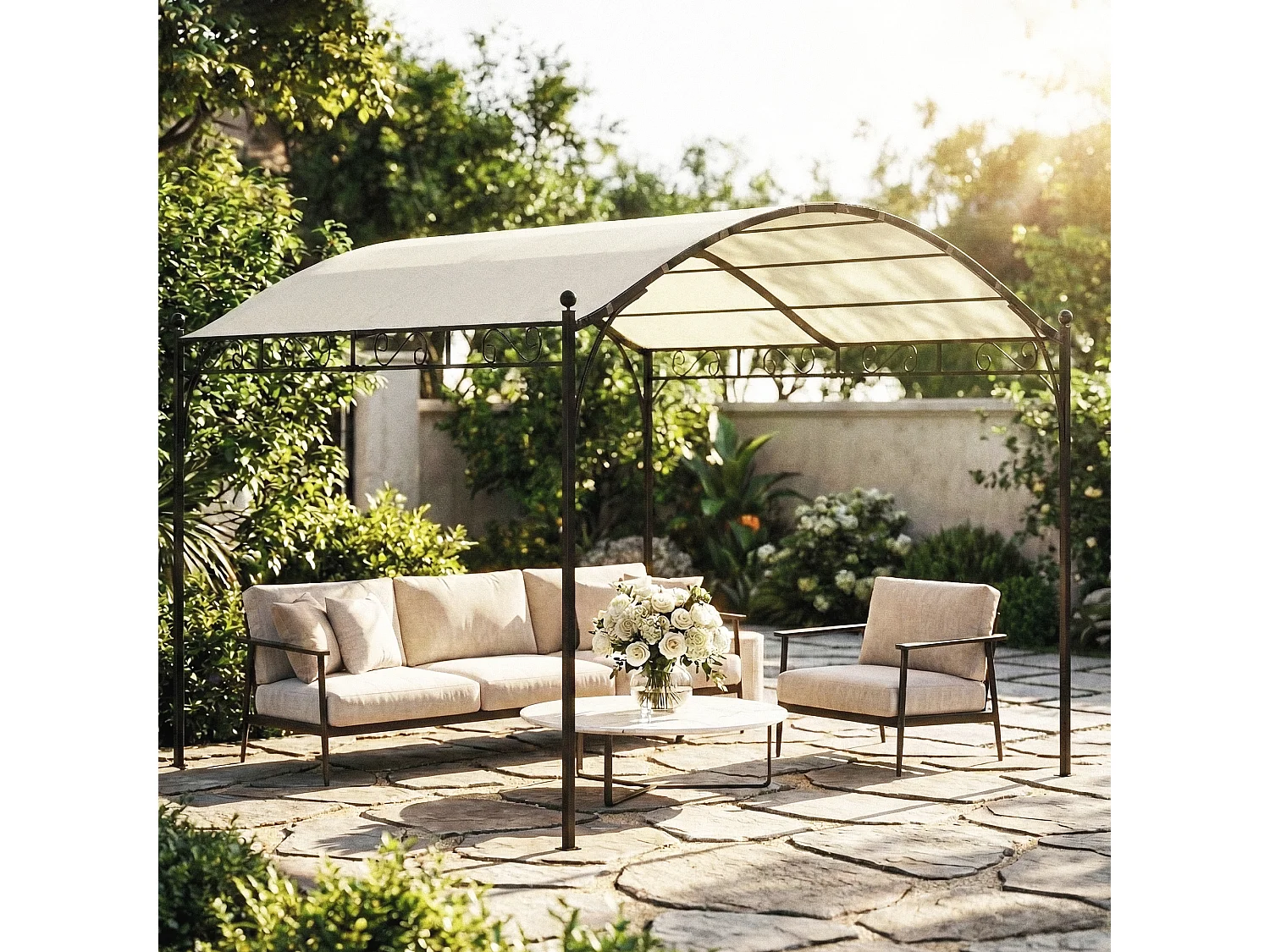 Pergola gazebo con tetto ad arco in metallo e poliestere crema