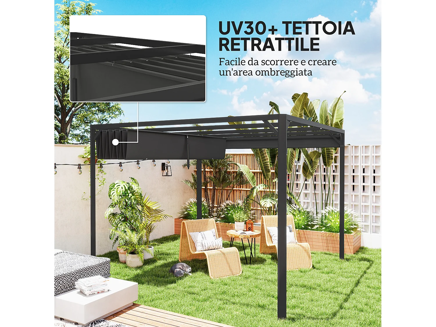 Gazebo pergola retrattile con tenda a rullo protettiva grigio scuro