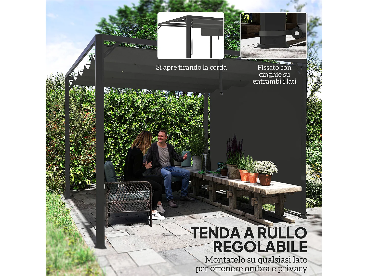 Gazebo pergola retrattile con tenda a rullo protettiva grigio scuro