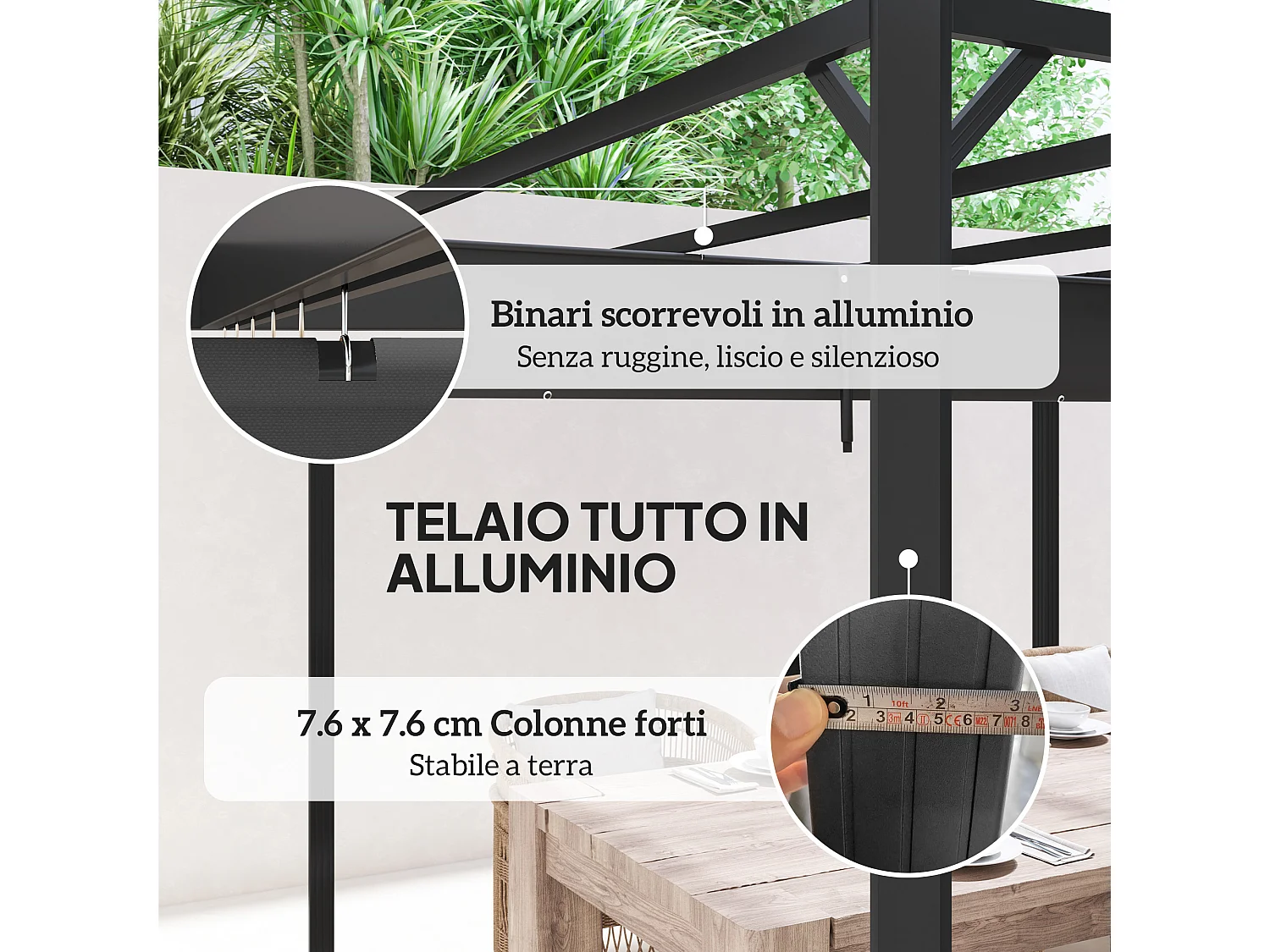 Gazebo pergola retrattile con tenda a rullo protettiva grigio scuro