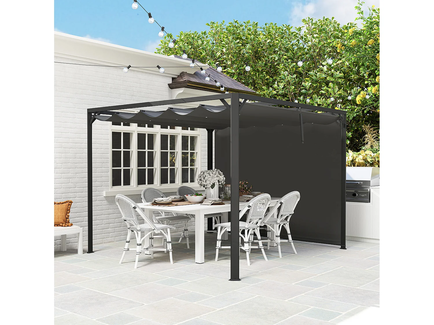 Gazebo pergola retrattile con tenda a rullo protettiva grigio scuro