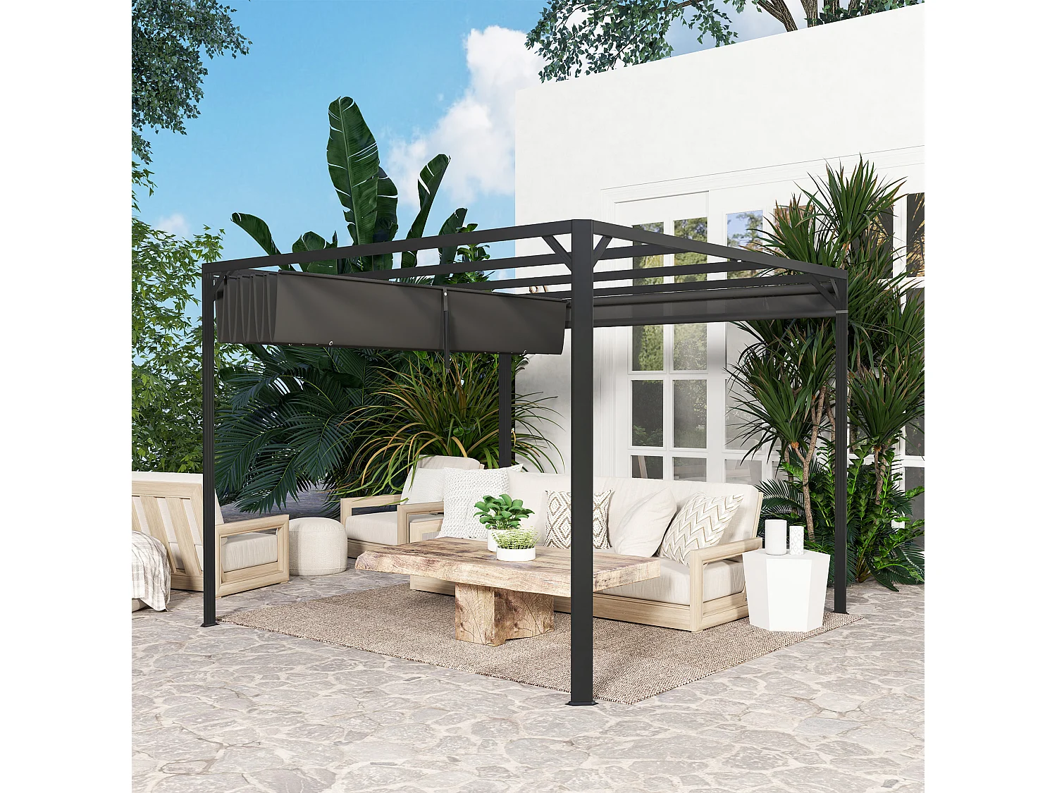 Gazebo pergola retrattile con tenda a rullo protettiva grigio scuro