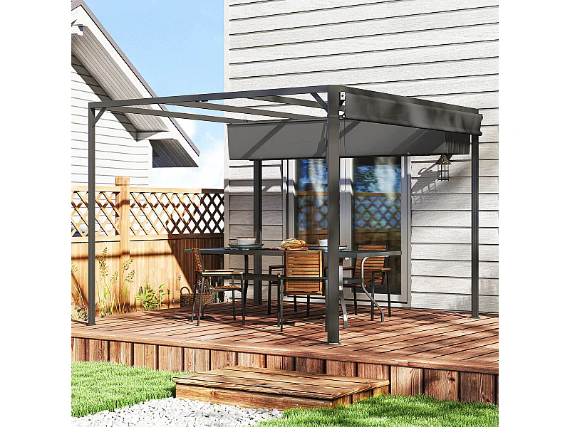 Gazebo pergola retrattile con tenda a rullo protettiva grigio scuro