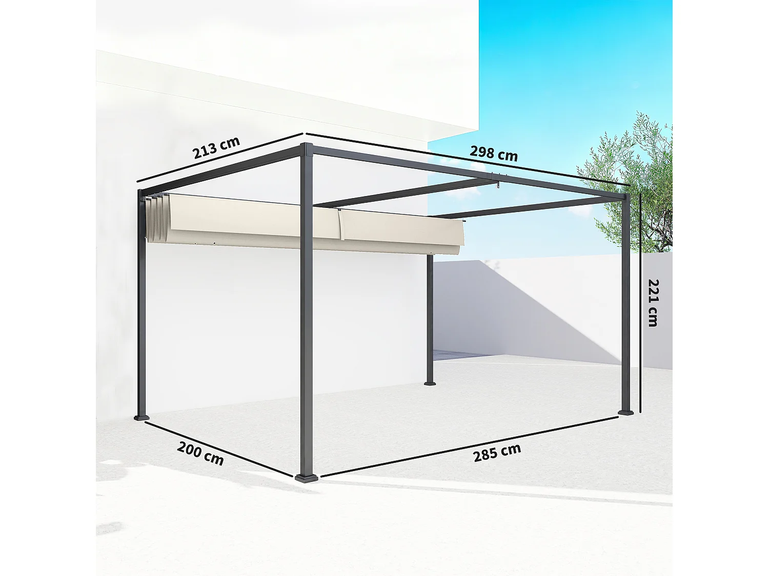 Pergola gazebo 3x2 m con tettuccio retrattile in metallo crema