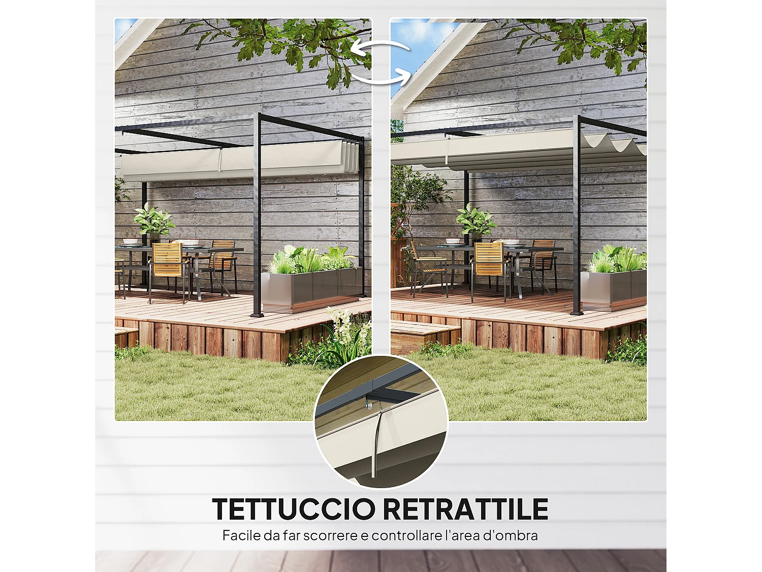 Pergola gazebo 3x2 m con tettuccio retrattile in metallo crema