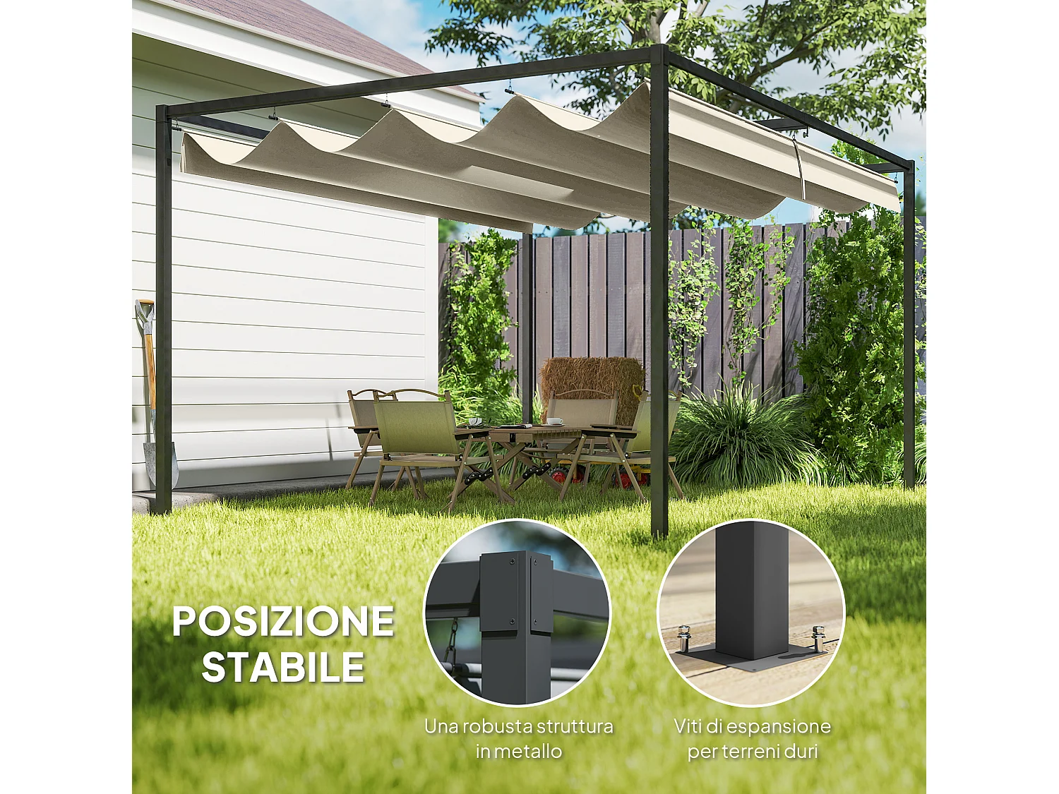 Pergola gazebo 3x2 m con tettuccio retrattile in metallo crema