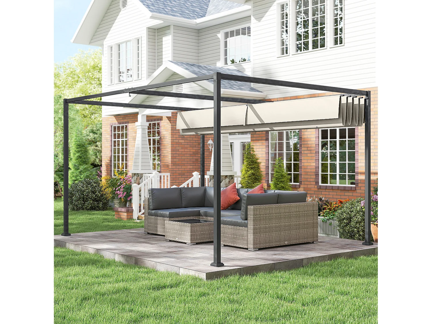 Pergola gazebo 3x2 m con tettuccio retrattile in metallo crema