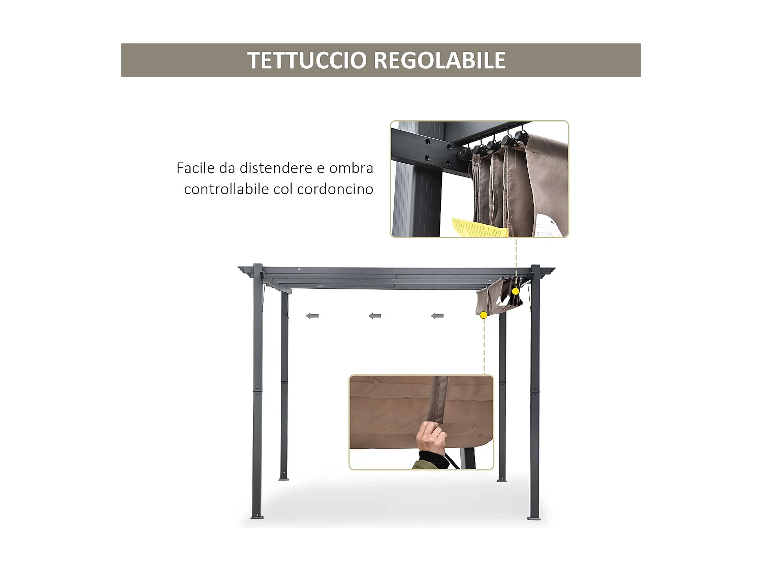 Pergola gazebo 3x3m con tetto retrattile anti uv in alluminio grigio