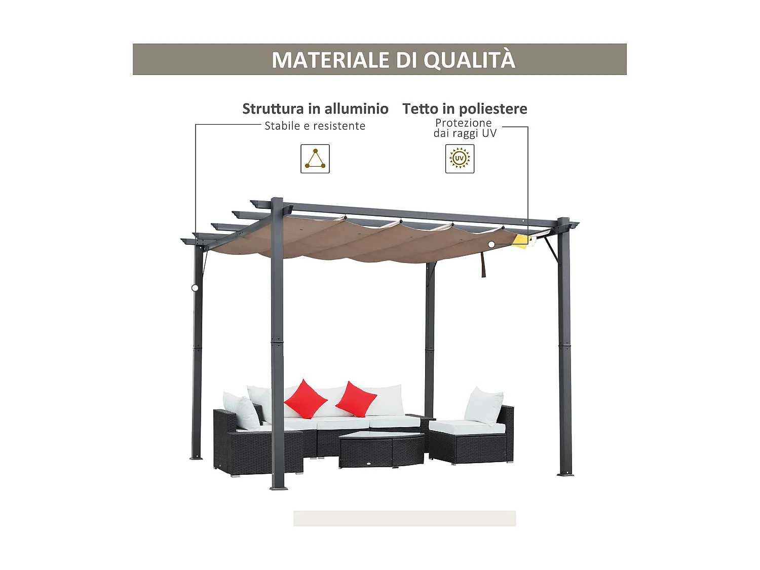 Pergola gazebo 3x3m con tetto retrattile anti uv in alluminio grigio