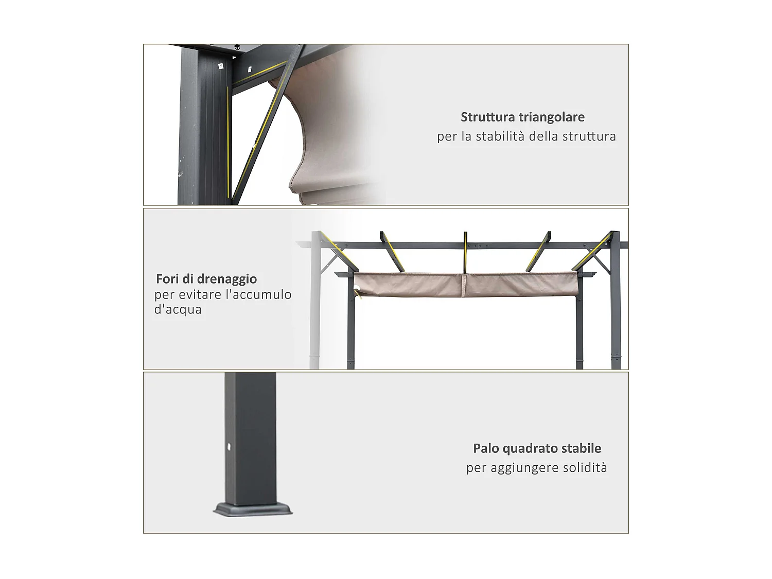 Pergola gazebo 3x3m con tetto retrattile anti uv in alluminio grigio