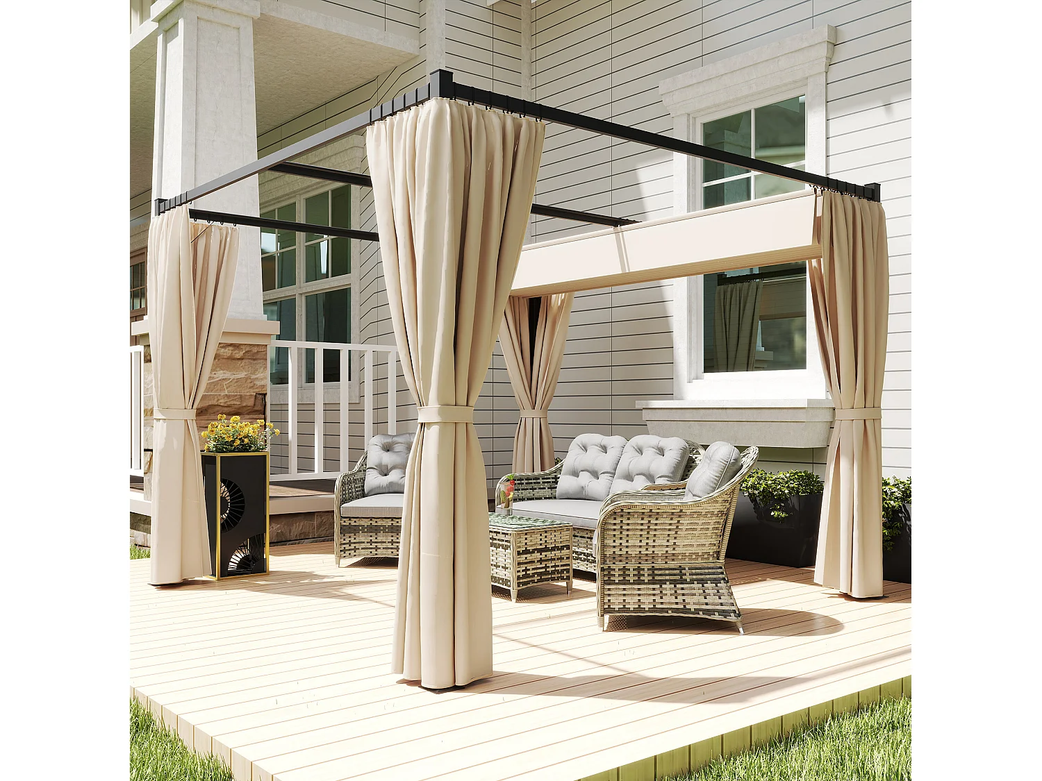 Pergola da giardino con pareti laterali in metallo beige