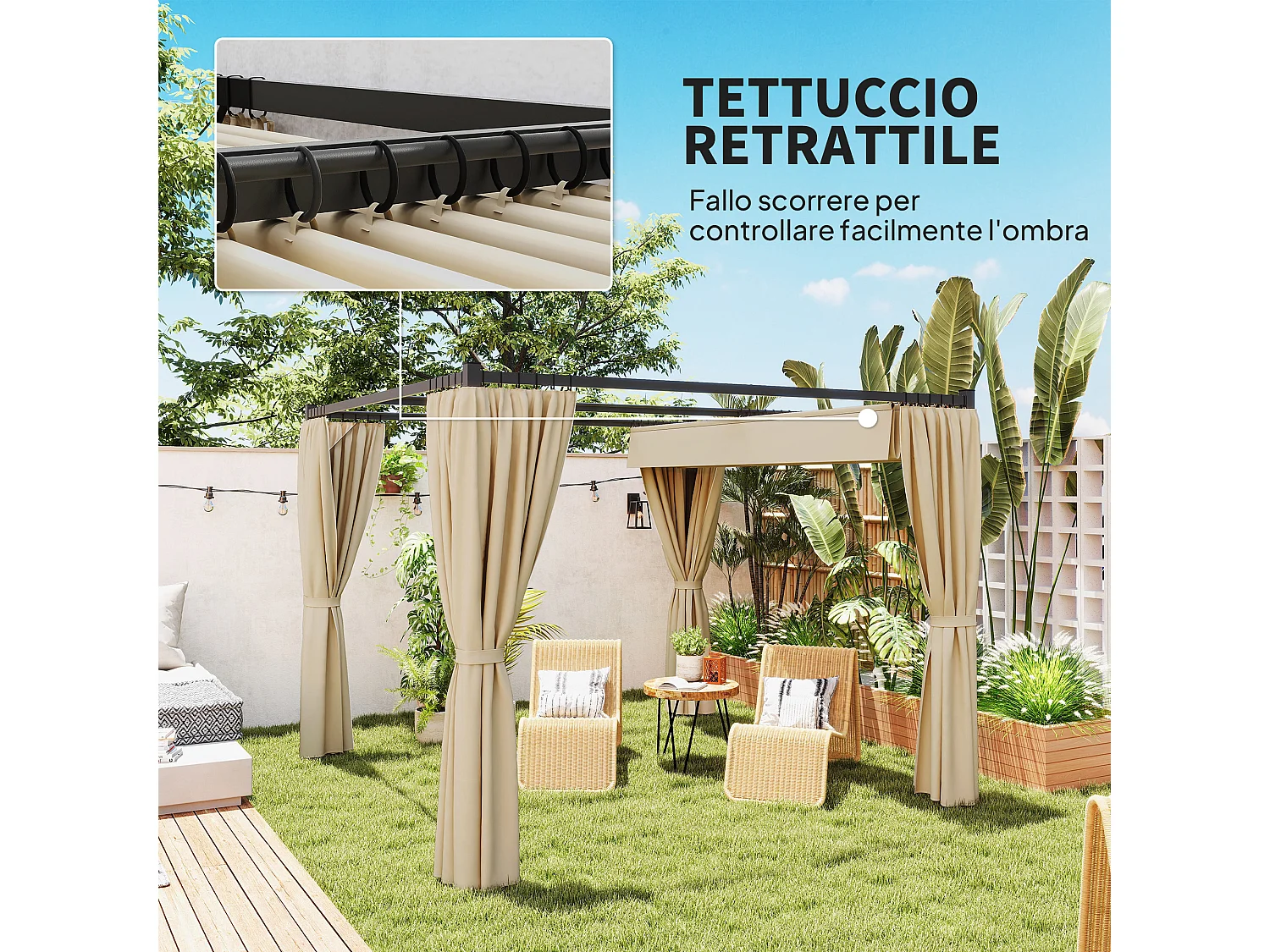 Pergola da giardino con pareti laterali in metallo beige