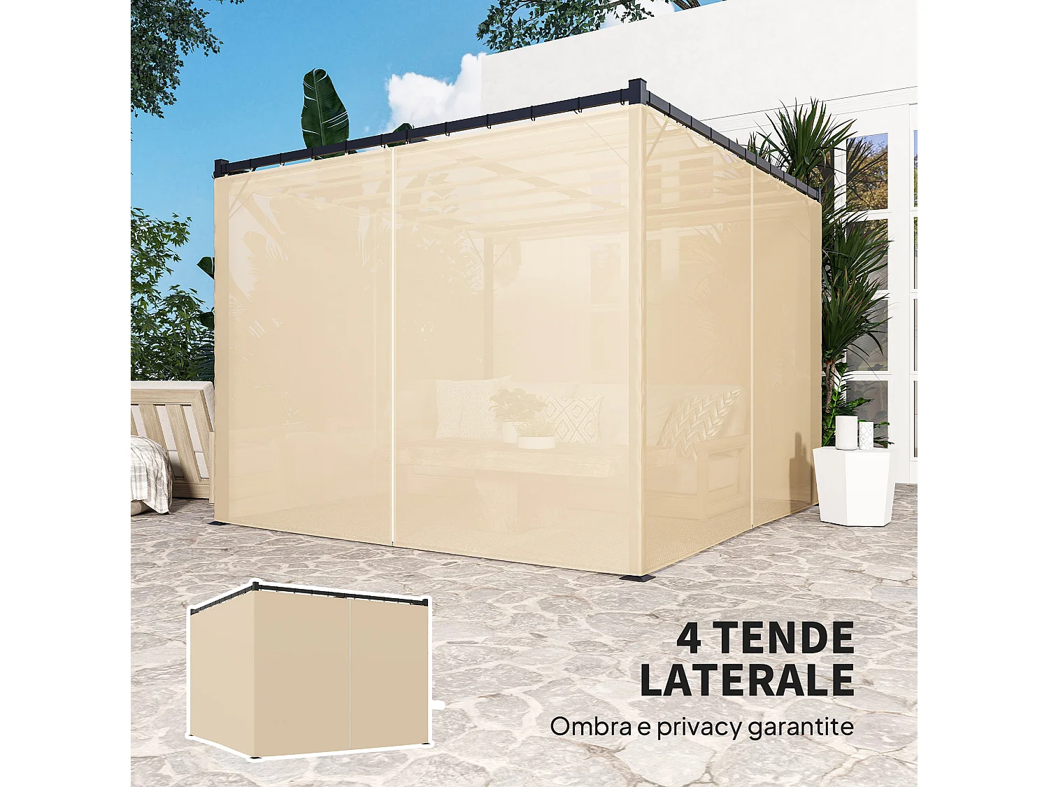 Pergola da giardino con pareti laterali in metallo beige