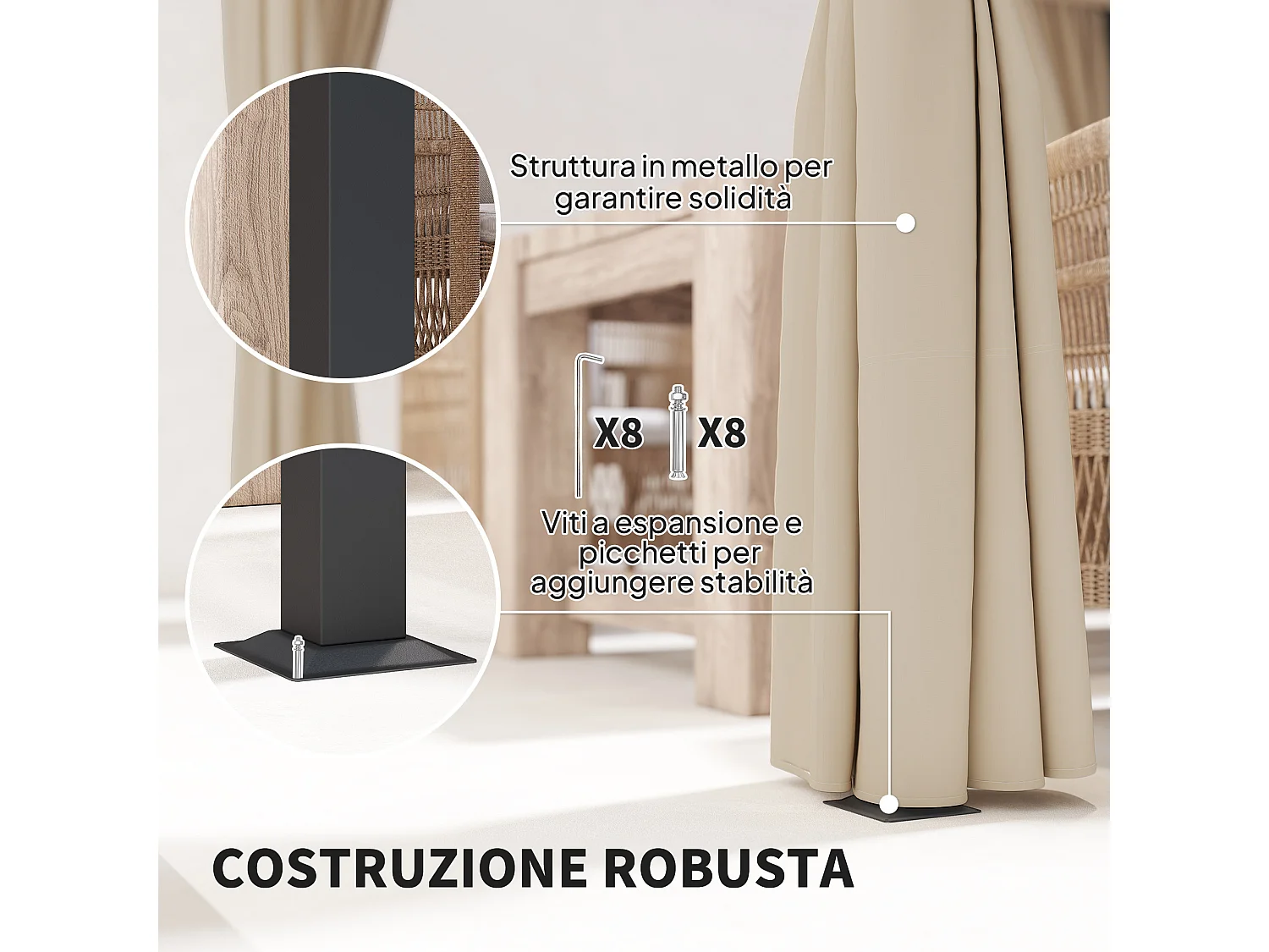 Pergola da giardino con pareti laterali in metallo beige