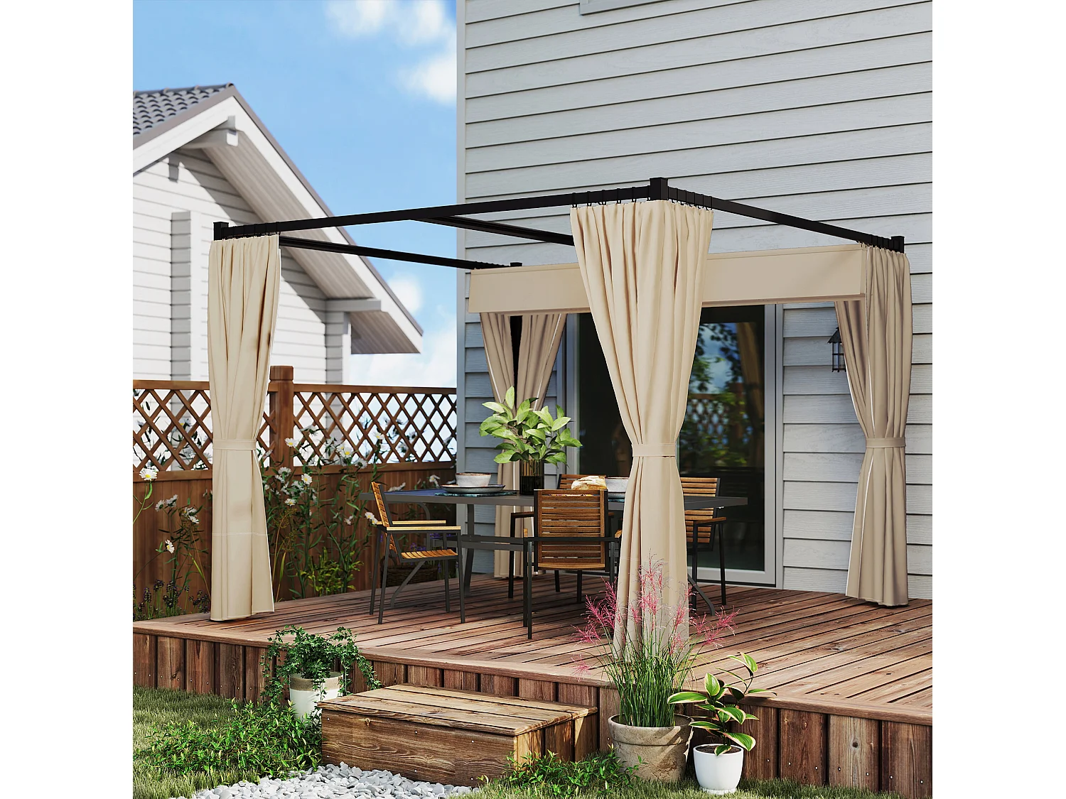 Pergola da giardino con pareti laterali in metallo beige