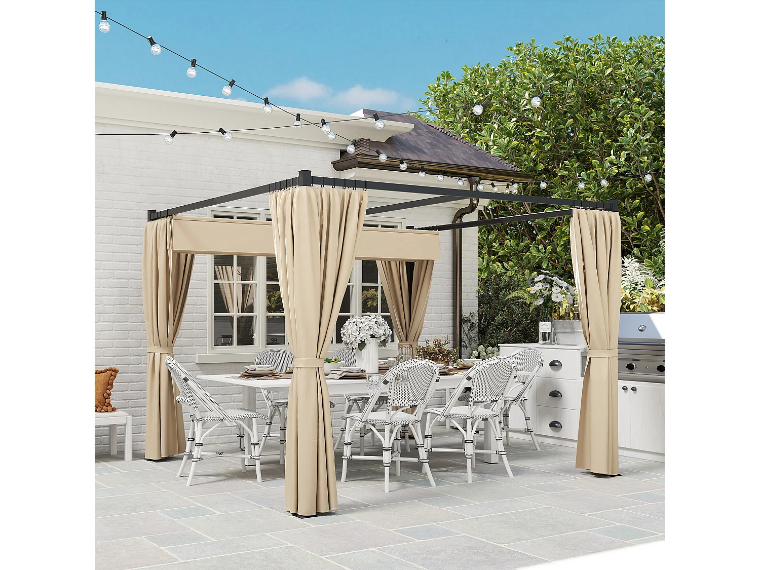 Pergola da giardino con pareti laterali in metallo beige