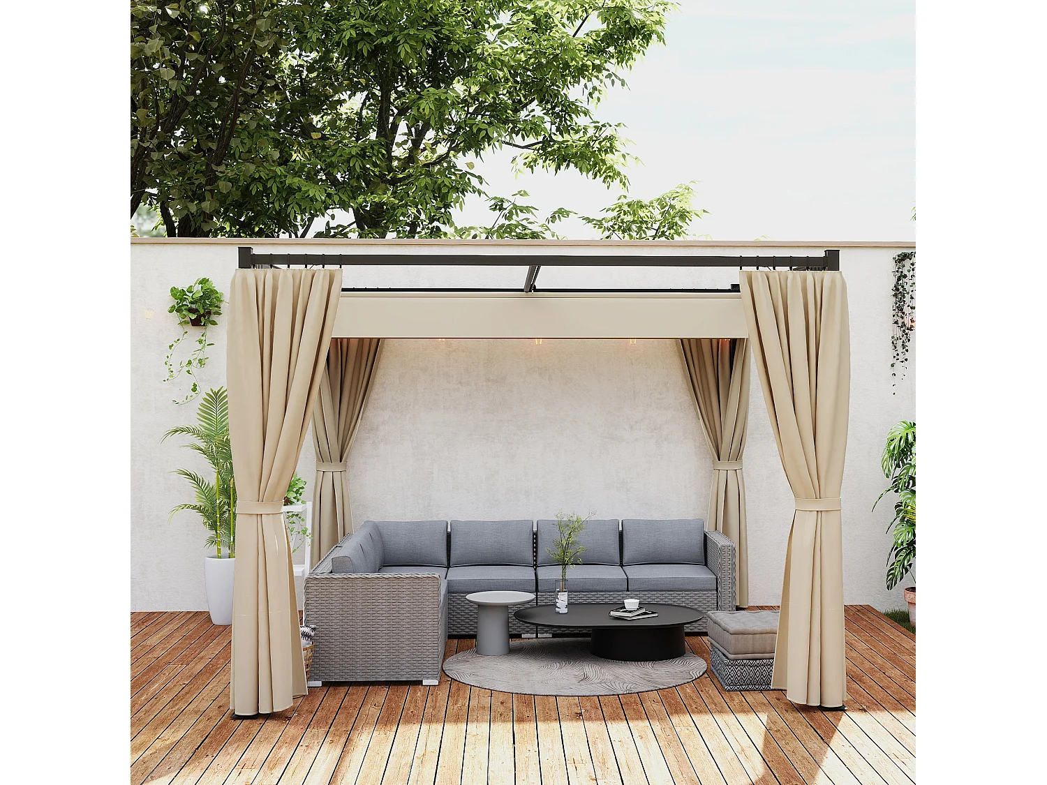 Pergola da giardino con pareti laterali in metallo beige