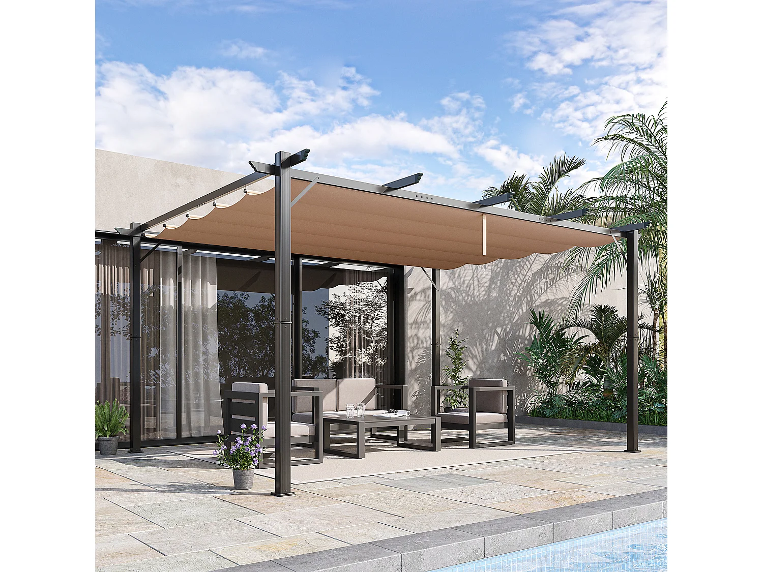 Gazebo 3x4m pergola da giardino con tetto e tenda scorrevole