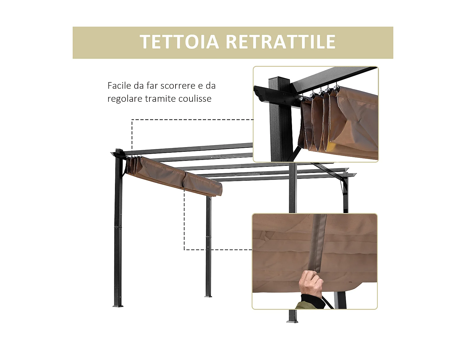 Gazebo 3x4m pergola da giardino con tetto e tenda scorrevole