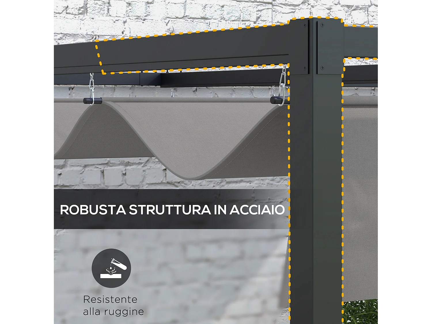 Pergola gazebo con tettuccio retrattile e fori di drenaggio grigio