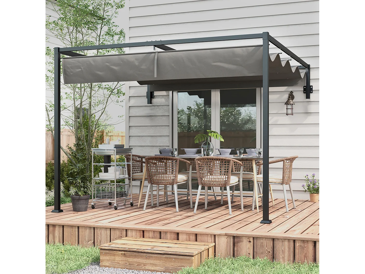 Pergola gazebo con tettuccio retrattile e fori di drenaggio grigio