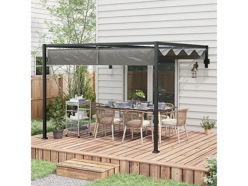 Pergola gazebo con tettuccio retrattile e fori di drenaggio grigio