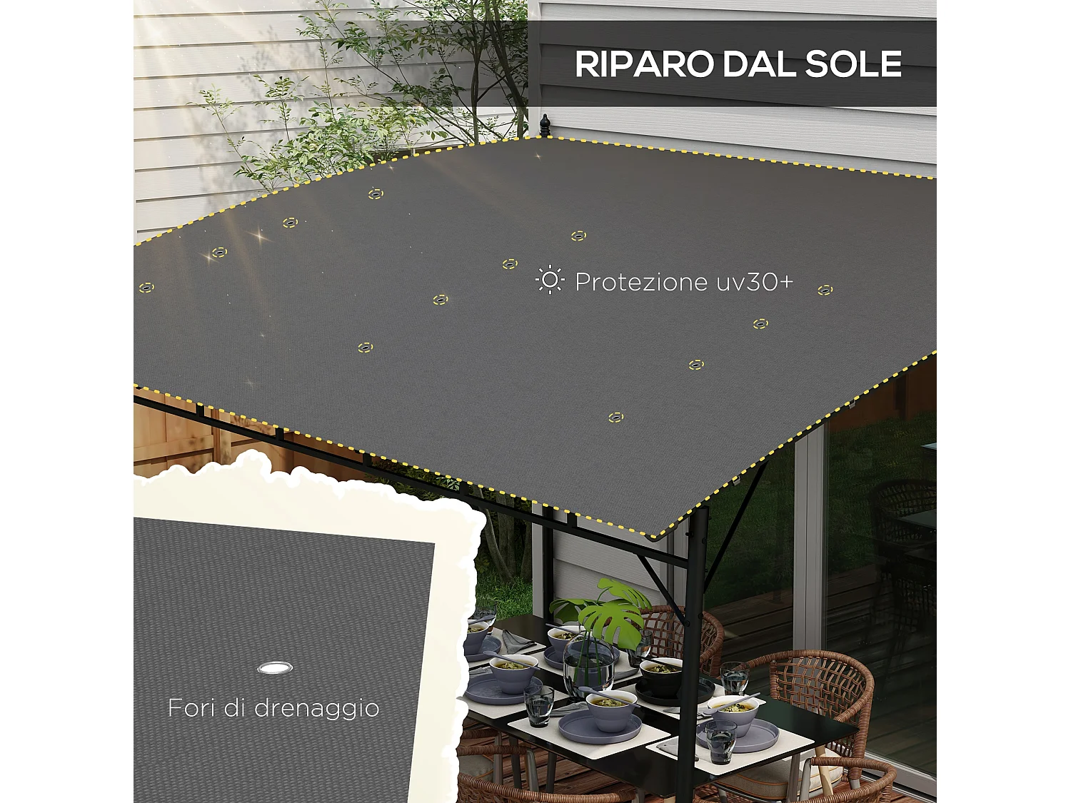 Pergola gazebo con 12 fori di drenaggio in metallo e poliestere grigio