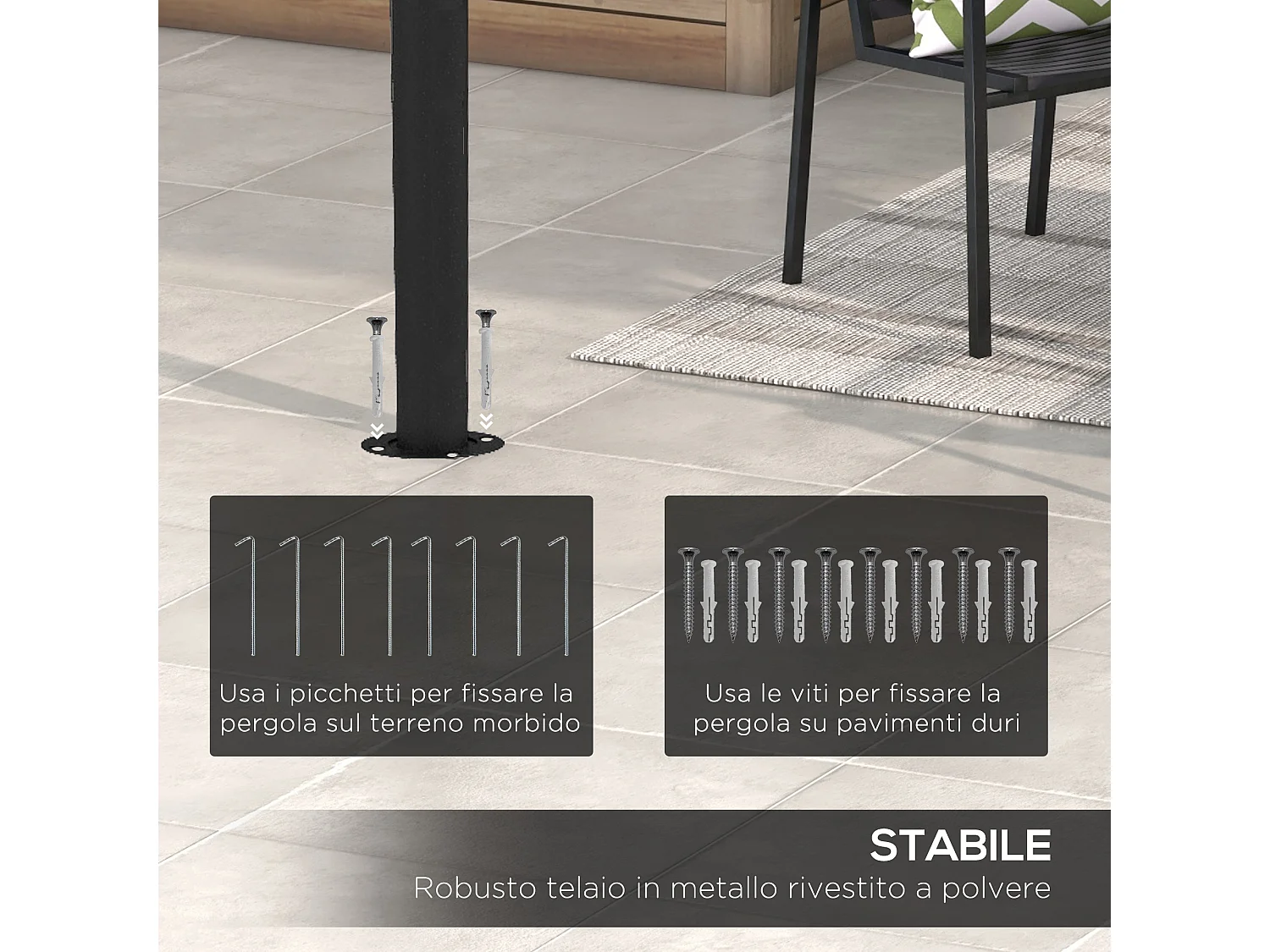 Pergola gazebo con 12 fori di drenaggio in metallo e poliestere grigio