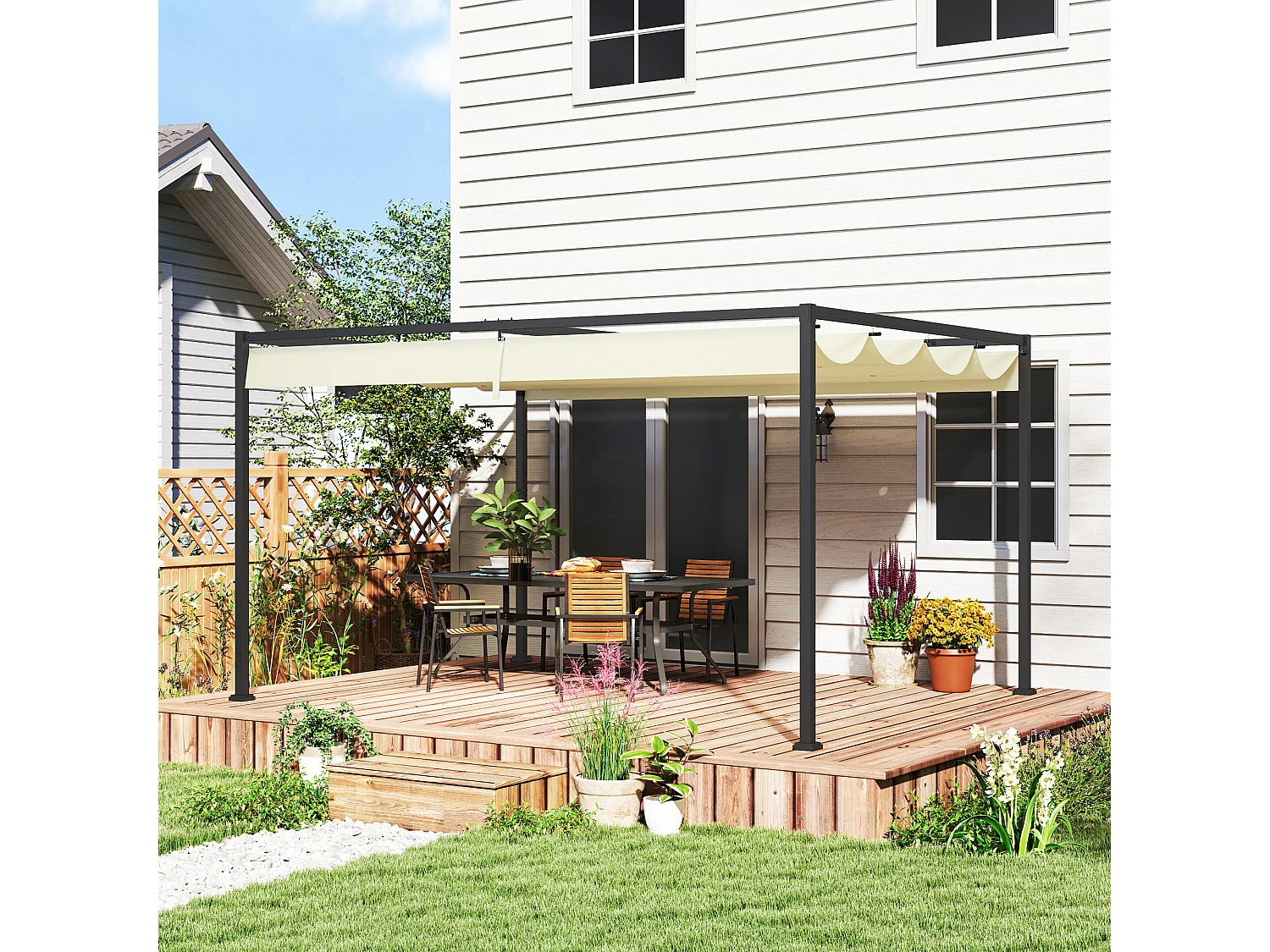 Pergola gazebo 4x3 m con tettuccio retrattile in metallo crema