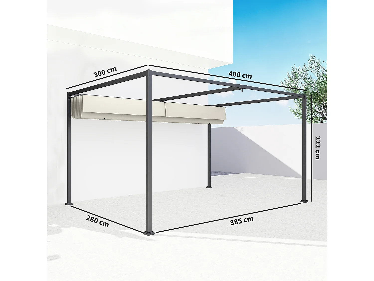 Pergola gazebo 4x3 m con tettuccio retrattile in metallo crema